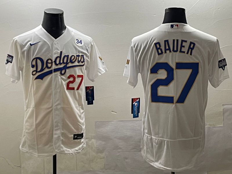 Men Los Angeles Dodgers 27 Bauer White Gold Elite 2025 Nike MLB Jersey style 7